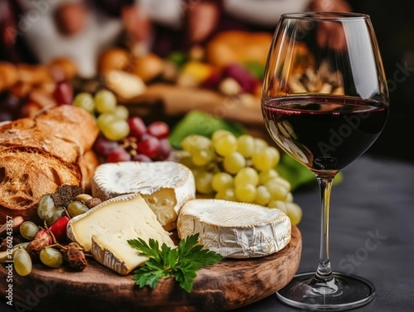 Fototapeta A rustic cheese platter with creamy brie, fresh grapes, crusty bread, and a glass of red wine, creating a warm and elegant dining atmosphere