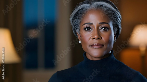 Obraz Portrait of senior black woman in turtleneck sweater, looking at camera indoors
