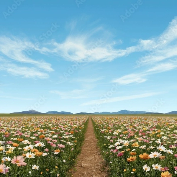Fototapeta A vibrant flower field stretches towards distant mountains under a clear blue sky, with a dirt path inviting exploration.