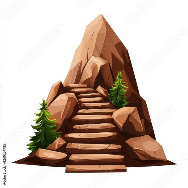 Fototapeta A stylized mountain with layered rocks and a winding staircase flanked by green pine trees.