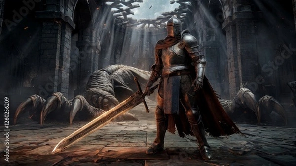 Obraz A lone knight stands in a dark