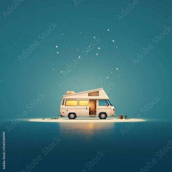 Fototapeta A cozy camper van illuminated under a sky filled with stars, set against a tranquil blue background, evoking feelings of adventure and serenity.