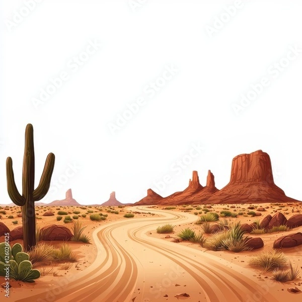 Fototapeta A serene desert landscape featuring a winding dirt path, cacti, and towering rock formations under a clear sky.