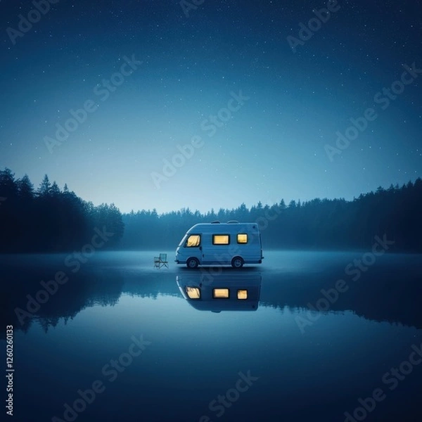 Fototapeta A serene camper van rests on a still lake at night, surrounded by dark trees and illuminated by soft glowing lights.