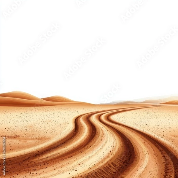 Fototapeta A winding dirt road cuts through a vast, sandy desert landscape, creating a sense of adventure and exploration under a bright sky.