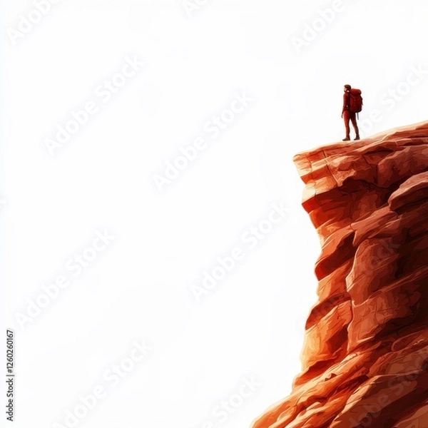 Fototapeta A lone hiker stands at the edge of a rugged cliff, overlooking a vast, serene landscape, embodying adventure and exploration.