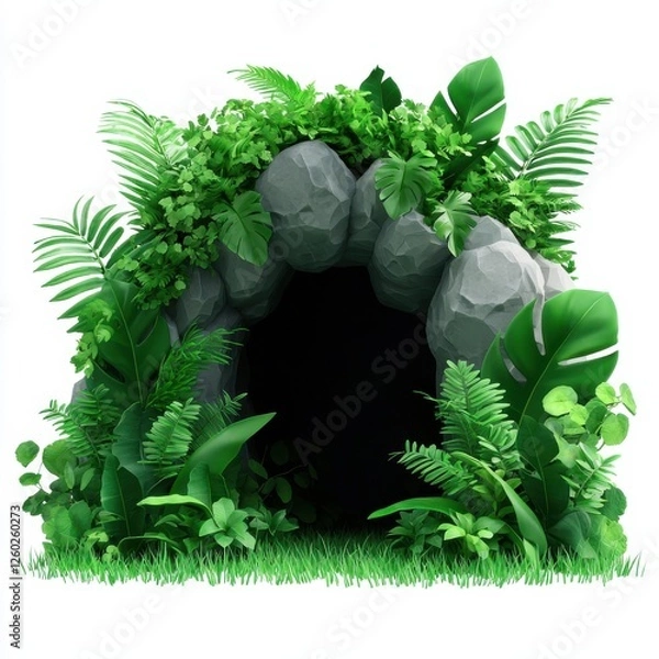 Fototapeta A lush, green cave entrance surrounded by vibrant foliage and rocks, inviting exploration into a mysterious, dark interior.