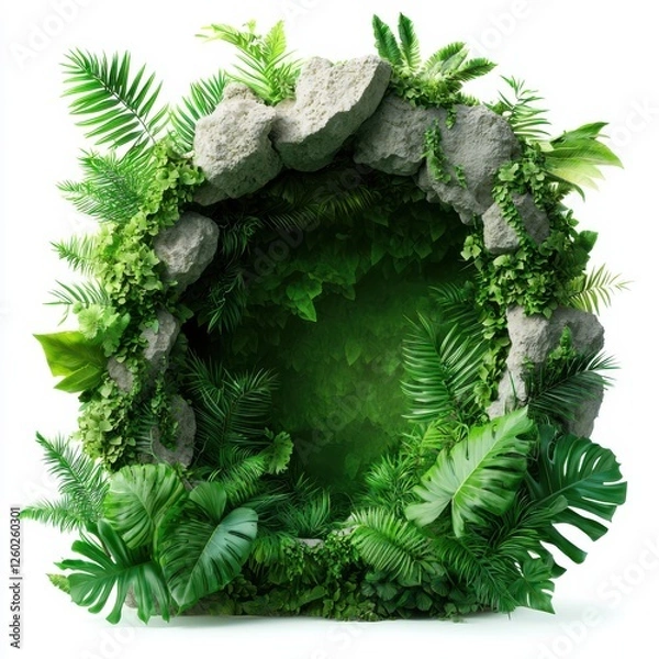 Fototapeta A circular stone arch adorned with vibrant green ferns and leaves, creating a natural, lush entrance to a serene environment.
