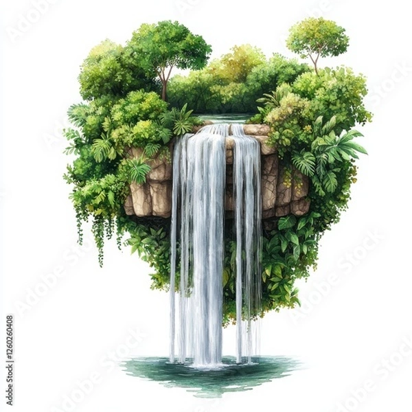 Fototapeta A serene, floating waterfall surrounded by lush greenery, nestled atop a rocky ledge, creating a tranquil and magical natural scene.