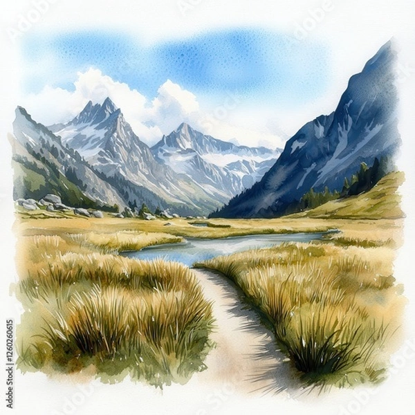 Fototapeta A serene landscape featuring mountains, a winding path, and a tranquil water body surrounded by lush grasslands.