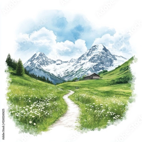 Fototapeta A serene landscape featuring snow-capped mountains, lush green meadows, and a winding path, evoking a sense of tranquility and natural beauty.