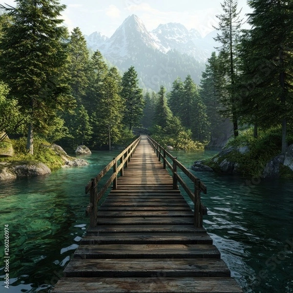 Fototapeta A serene wooden bridge extends over clear waters, surrounded by lush green trees and majestic mountains in the background, creating a tranquil nature scene.