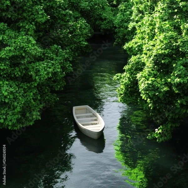 Fototapeta A serene scene featuring a small boat on calm waters, surrounded by lush green foliage reflecting in the tranquil river.