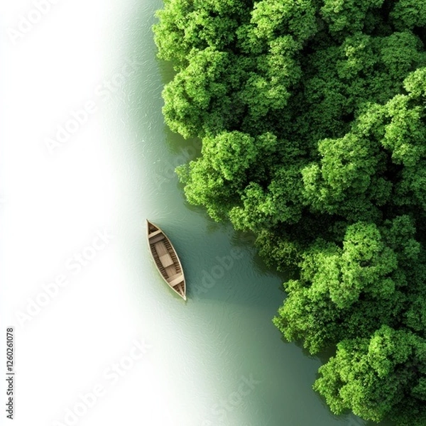 Fototapeta A serene aerial view of a small boat surrounded by lush greenery, reflecting tranquility on calm waters.
