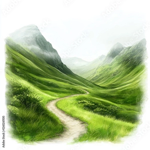 Fototapeta A serene valley with lush greenery and a winding path, surrounded by misty mountains and a tranquil atmosphere.