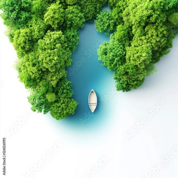 Fototapeta A serene aerial view of a small boat on a tranquil blue river surrounded by lush green foliage.