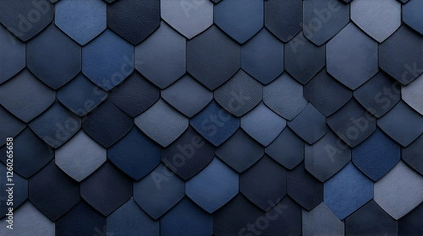 Fototapeta Blue hexagonal tiles adorn a textured wall background. Building concept
