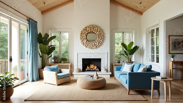 Fototapeta A breezy living space with light colors, natural materials, and ocean-inspired decor, perfect for a beach house