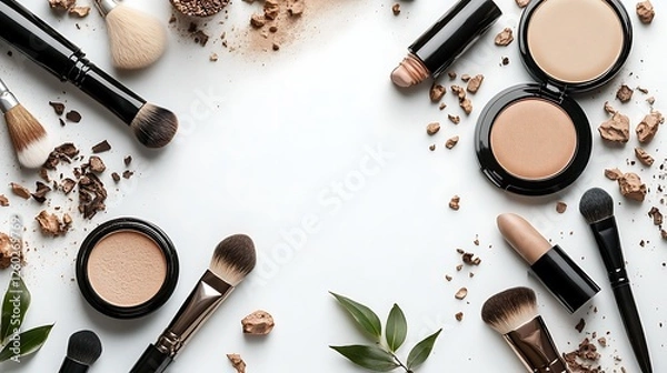Obraz Makeup products arranged on white background