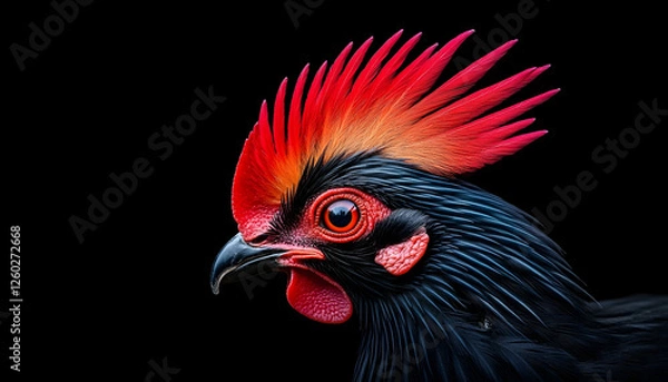 Obraz Rooster profile with spiky red comb, against black background for farm or wildlife use