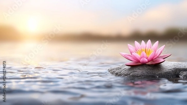 Obraz  a pink lotus flower sitting atop a rock in the water, with a blurred background