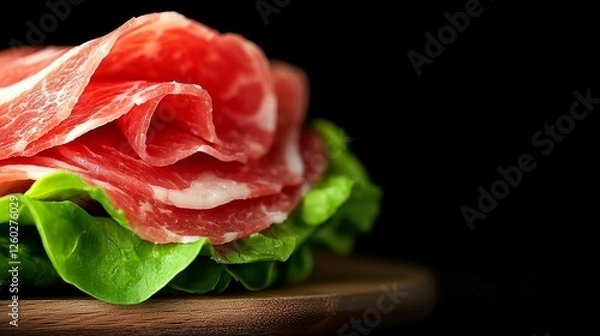 Fototapeta  a wooden plate with a piece of prosciutto on it, surrounded by a bed of lettuce The background is dark, giving the plate and its contents a stark contrast