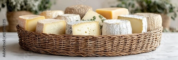 Fototapeta A beautifully crafted cheese display featuring different varieties set against a backdrop of natural decor, inviting viewers into a world of culinary artistry and enjoyment.