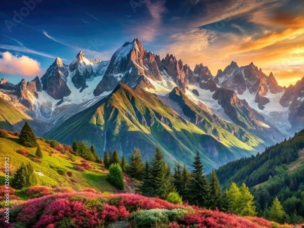 Fototapeta Col de Voze unveils stunning Aiguilles du Mont Blanc; majestic peaks dominate the French Alps' scenery.