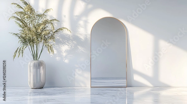 Fototapeta Modern interior featuring an arched mirror and a vase with ornamental grass, bathed in soft sunlight creating shadows.