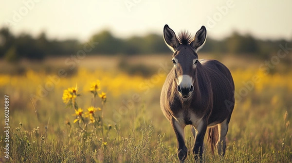 Fototapeta Donkey standing in wildflower field at sunset