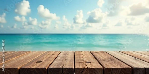 Fototapeta Rustic wood tabletop over blurred ocean; summer sky , photo, rustic, sparkling