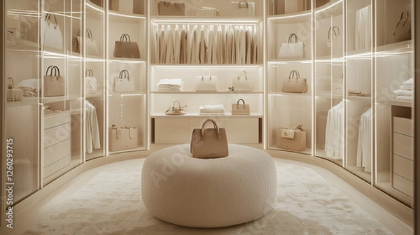 Fototapeta Elegant closet with handbags and garments displayed on shelves and hanging; an ottoman with a handbag in the middle.