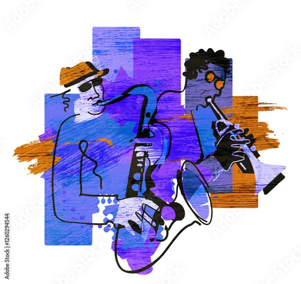Obraz Two jazzmen, Jazz theme, trumpet player and saxophonist.
 Expressive colorful Illustration of two jazz musicians. Isolated on white background. 