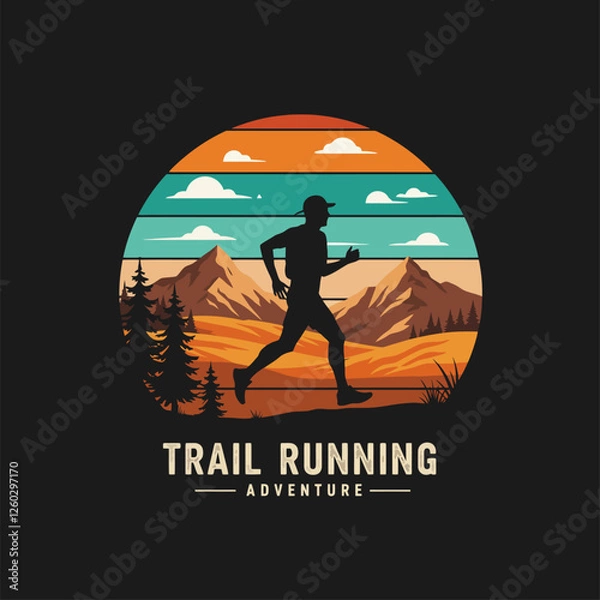 Fototapeta Trail Running Adventure Silhouette in Mountains Landscape with Retro Style