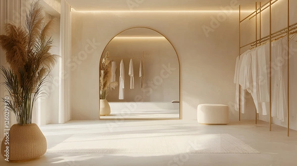 Fototapeta Bright and airy neutral toned dressing room with decorative plants, simple furniture, and reflective mirror and sunlight.