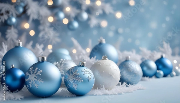 Fototapeta festive winter holiday decorations with ornate snowflake designs against shimmering bokeh backdrop