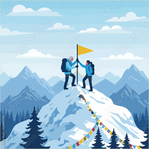 Fototapeta Climbers Reaching Mountain Peak with Flag Achieving Success Together