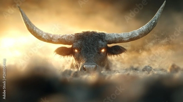 Obraz  a longhorn bull with long horns standing in the dirt, looking directly at the camera with a blurred background