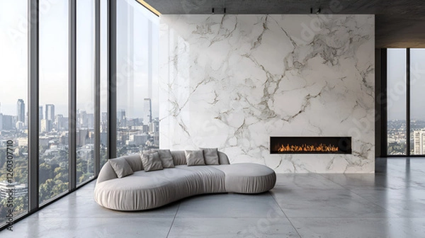 Fototapeta Modern high-rise apartment with panoramic city views and a sleek fireplace accenting a marble statement wall.