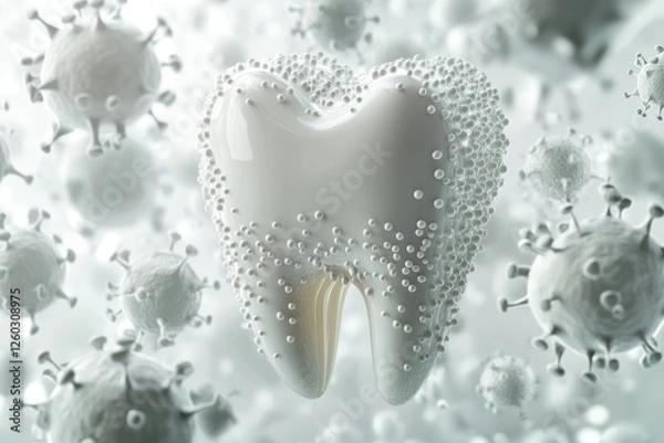 Fototapeta Protecting teeth from bacteria.  A healthy white tooth surrounded by fluoride molecules symbolises the protection and care of teeth.