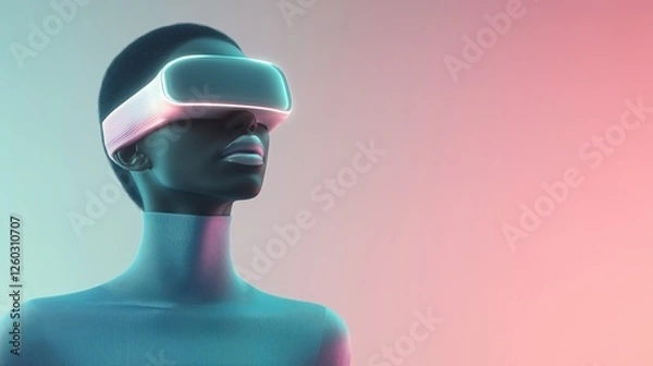 Fototapeta Futuristic woman in neon vr headset experiencing virtual reality with a stylish, minimalist design against a gradient background