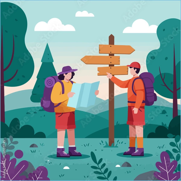 Fototapeta Hikers Consulting Map at Trail Sign Post in Forest Scene