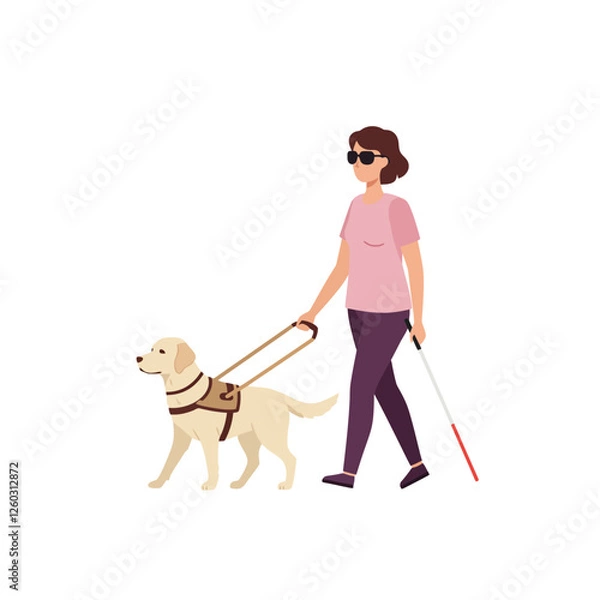 Fototapeta Woman Walking with Guide Dog and Cane Assistance for the Visually Impaired