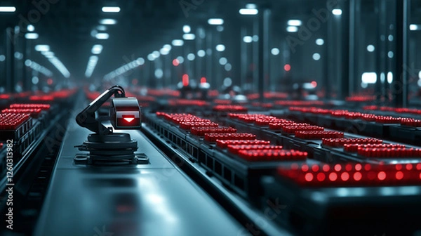 Fototapeta A vast industrial production hall with robotic welders fusing components, while a continuous stream of red products moves along the conveyor, highlighting mass production.