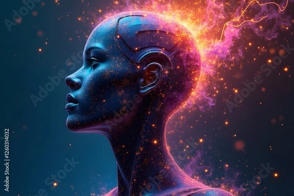 Fototapeta A digital-style graffiti of a humanoid AI dissolving into electric colors.