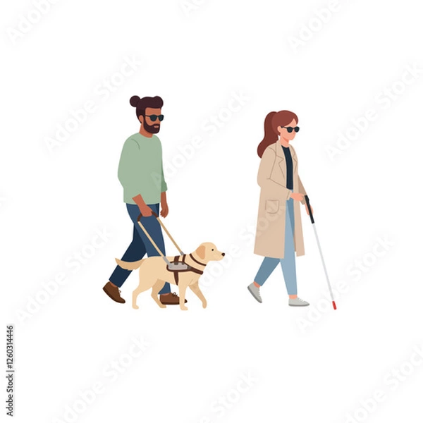 Fototapeta Walking People with Disabilities Assisted by Guide Dog and Cane