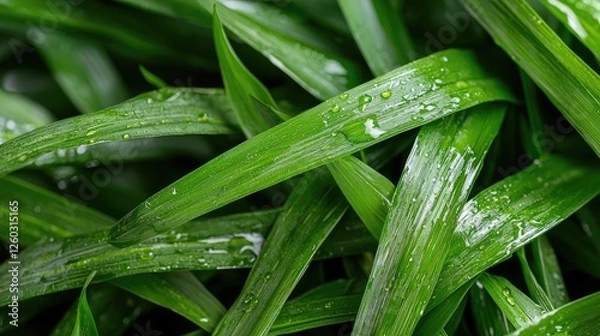 Fototapeta Dew-covered grass blades, close-up view, nature background, perfect for websites