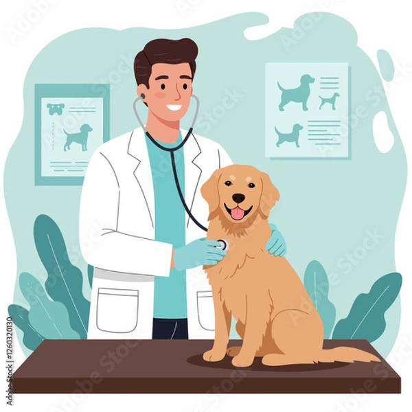 Fototapeta Veterinarian Examining Golden Retriever Dog with Stethoscope in Clinic