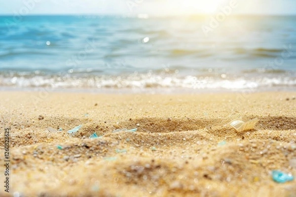 Fototapeta Close-up of sand with microplastic pollution on a beach with ocean in the background