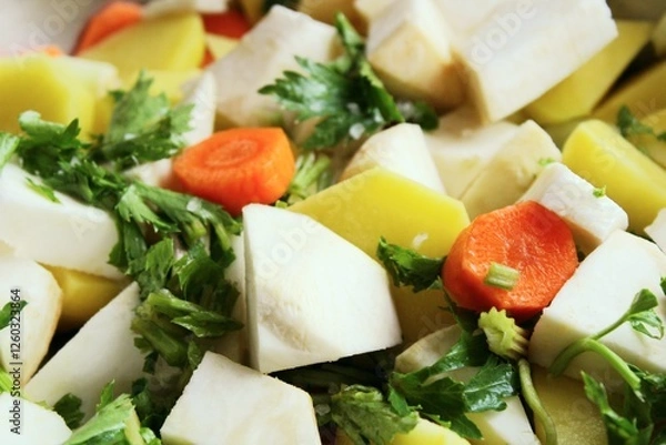 Fototapeta Fresh vegetables sliced. Carrots and celery